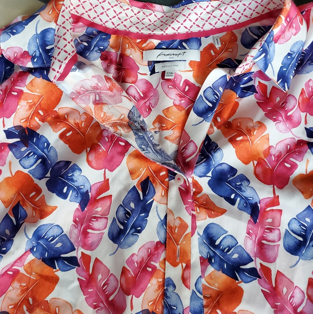 Foxcroft Multicolor Leaf Print Button Down Shirt - Blue, Pink, Orange